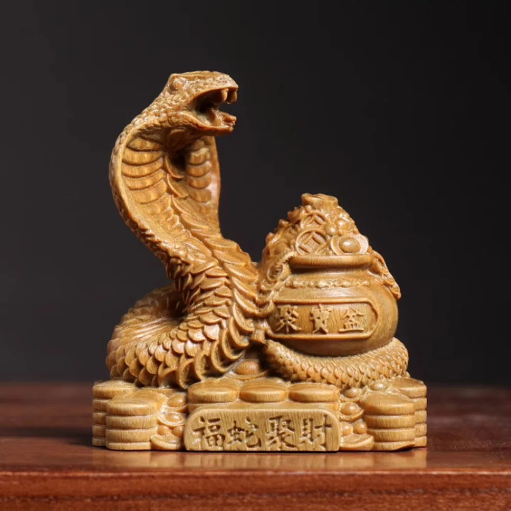 JW159- 10 CM King of Cobra Green Sandalwood Sculpture Zodiac Snake Animal Decoration Craft Gift Miniatur Ornaments