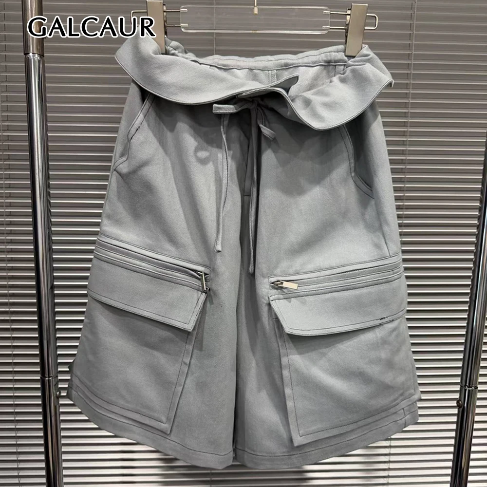 GALCAUR Fold Spliced Lace Up Solid Loose Shorts for Women High Waist Patchwork Pocket Casual Trousers Female Fashion New Style