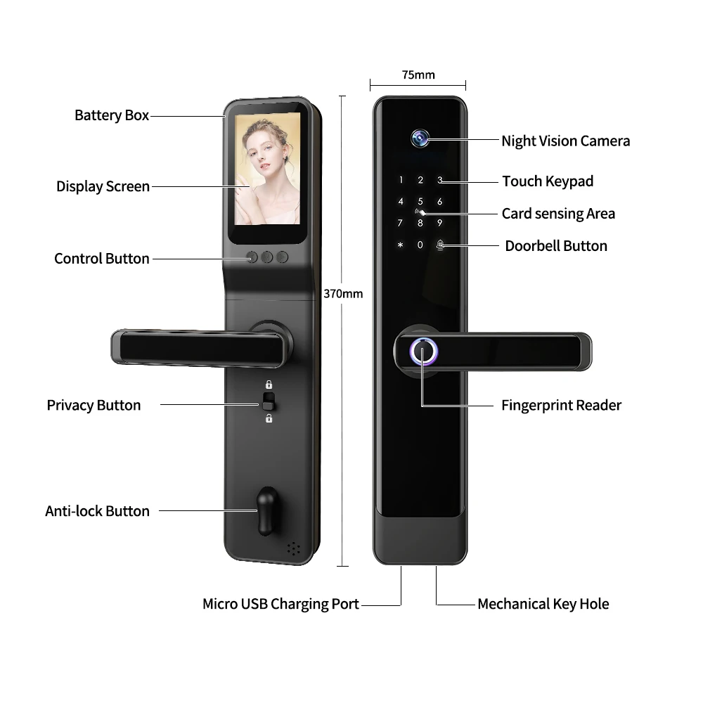 Smart Real-Time Video Call Camera Fingerprint Lock With Big Screen Digital Viewer 6068 Mortise