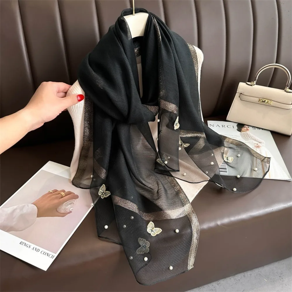 

Fashion Thin Silk Scarf Pearl Foulard Butterfly Embroidery Scarf Large Luxury Women Hijab Shawls Spring and Autumn
