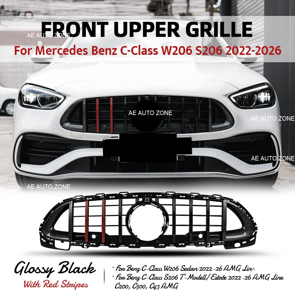GT Front Grille Glossy Black W/ Red Stripes For Mercedes Benz C-Class W206 S206 2022-2026 C200 C220d C300 C400e C43 Grill W/Star