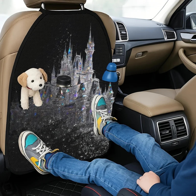 Car Seat Back Covers With Storage Pockets, Magical Crystal Castle Glitter Print, Fantasy Car Decor Accessory