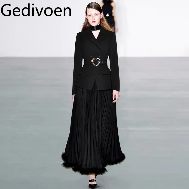 Gedivoen Autumn and Winter Women's Suit Notched Long-Sleeved With Belt Coat Tops+Loose Waist Pleated Skirt 2 piece set