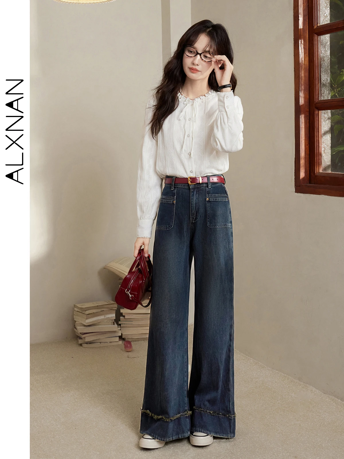 ALXNAN Jeans da donna Jeans larghi blu profondo con vita alta Dritto coreano Vintage Allentato 2025 Primavera Pantaloni a gamba larga Donna L50301