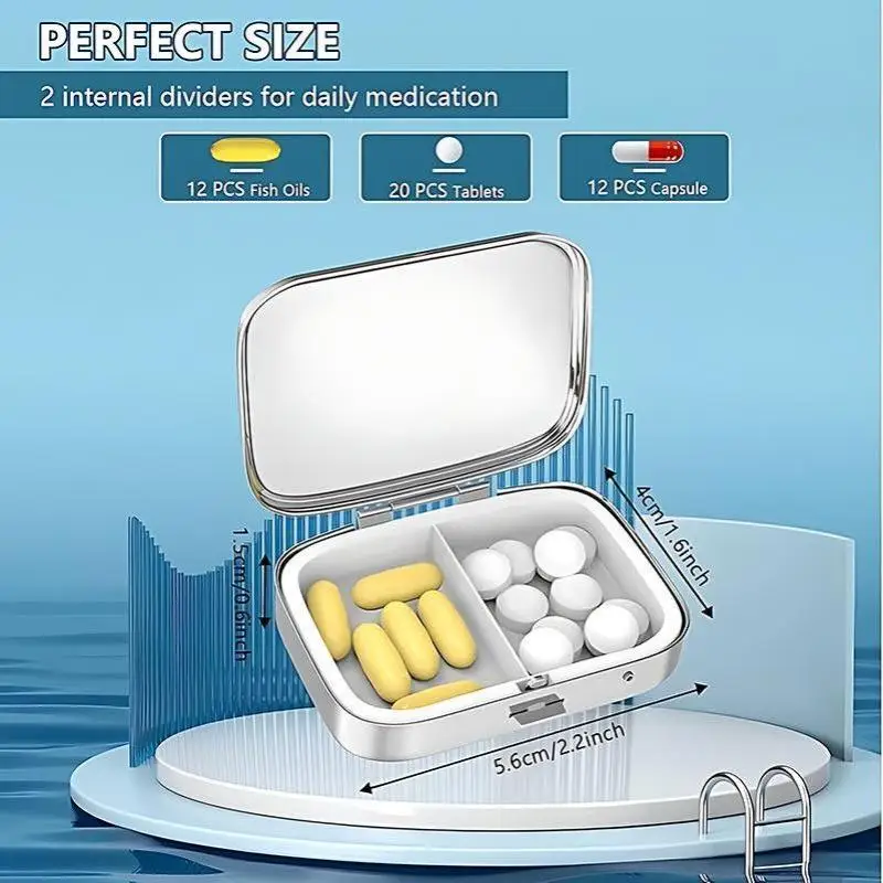 Pill Organizer Decorative Sardines Print Metal 2 Compartment Portable Mini Medicine Holder for Travel Home Use