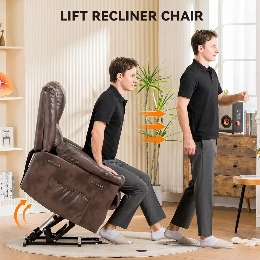 Power Lift Recliner สําหรับผู้สูงอายุ,เก้าอี้ยกด้วยความร้อนและการนวด,โซฟาผู้เอนกาย PU พร้อมฟังก์ชั่นจับเวลา 2 กระเป๋าด้านข้าง