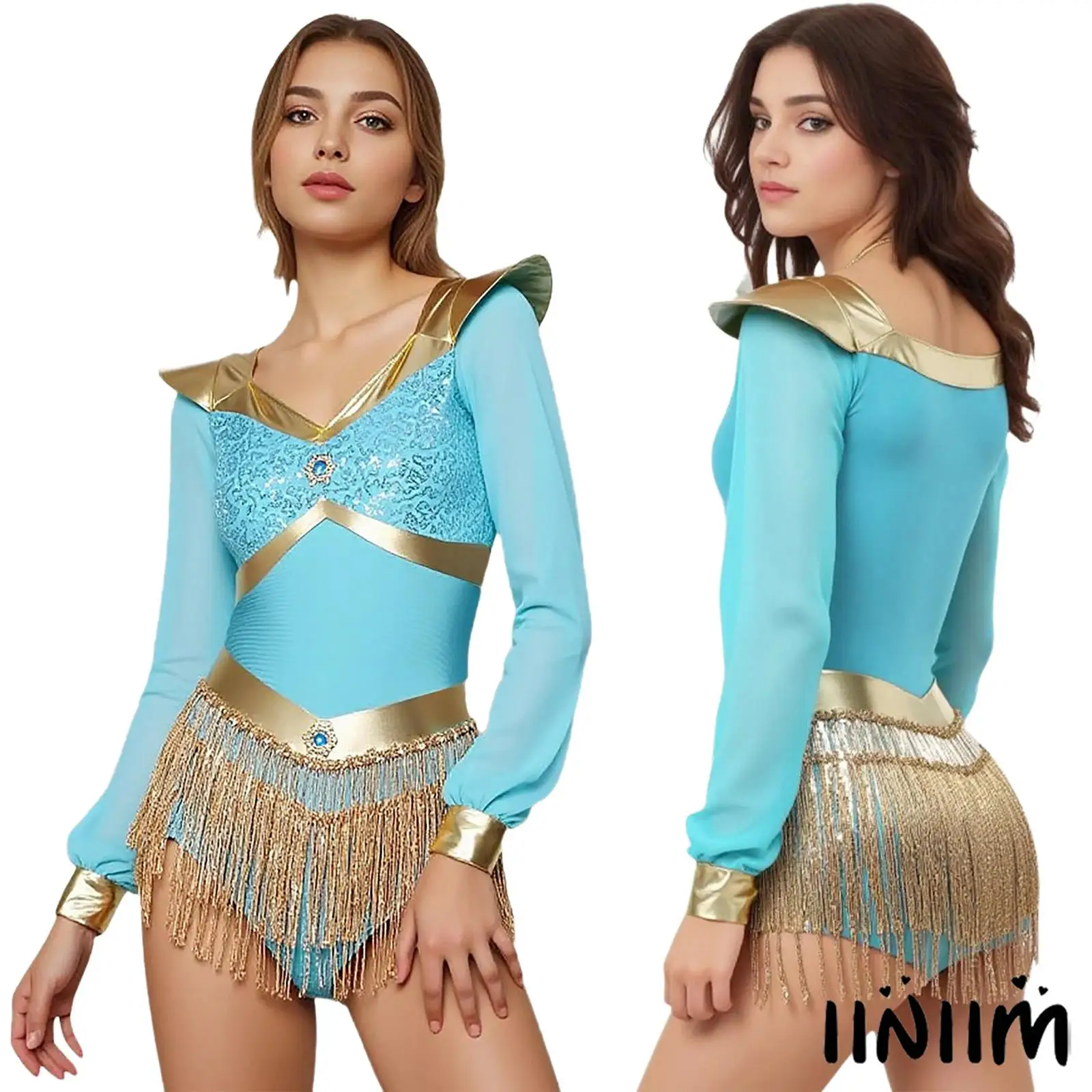 

Womens Princess Jumpsuit Arabian Costume Metallic Patchwork V Neck Long Sleeve Rhinestones Sequins Bodysuit for Dress Up Party