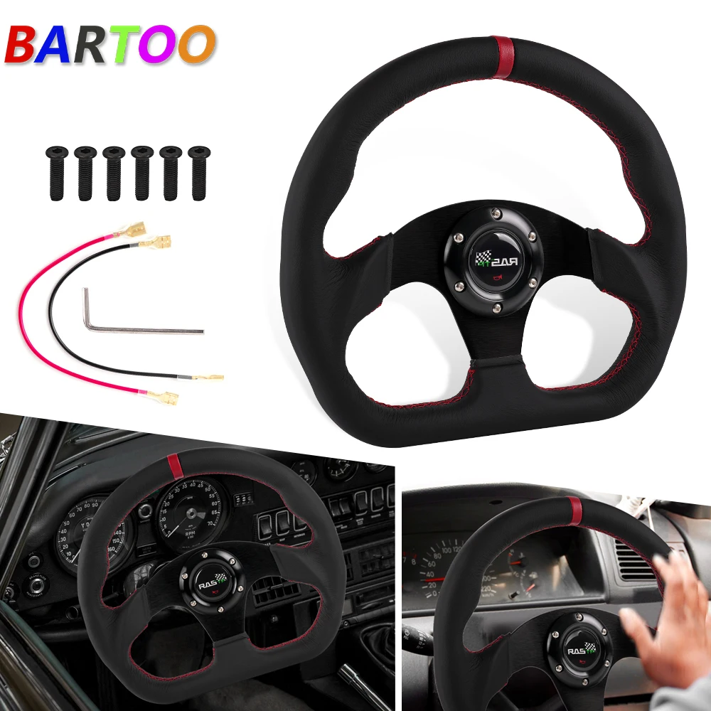 

Bartoo-Red Ring Racing Sport Steering Wheel 12.6”/320mm Genuine Leather Flat Dish D-Shape STW067