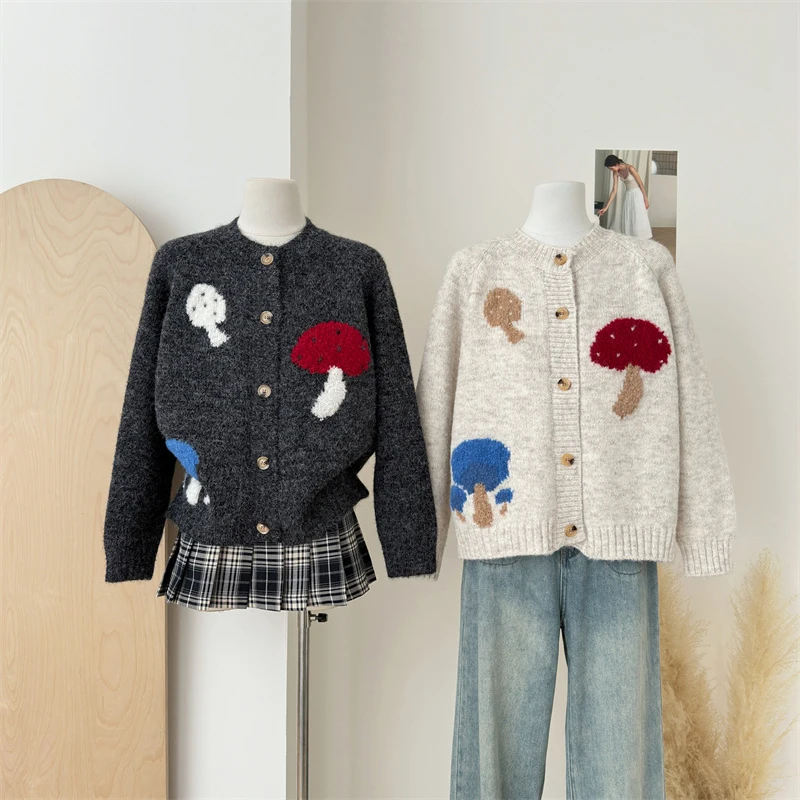 MEXZT Kawaii سترة مشغولة من الصوف المرأة Harajuku لطيف طباعة سترة ملابس خارجية الشتاء الكورية تريكو موضة كم طويل لاعبا