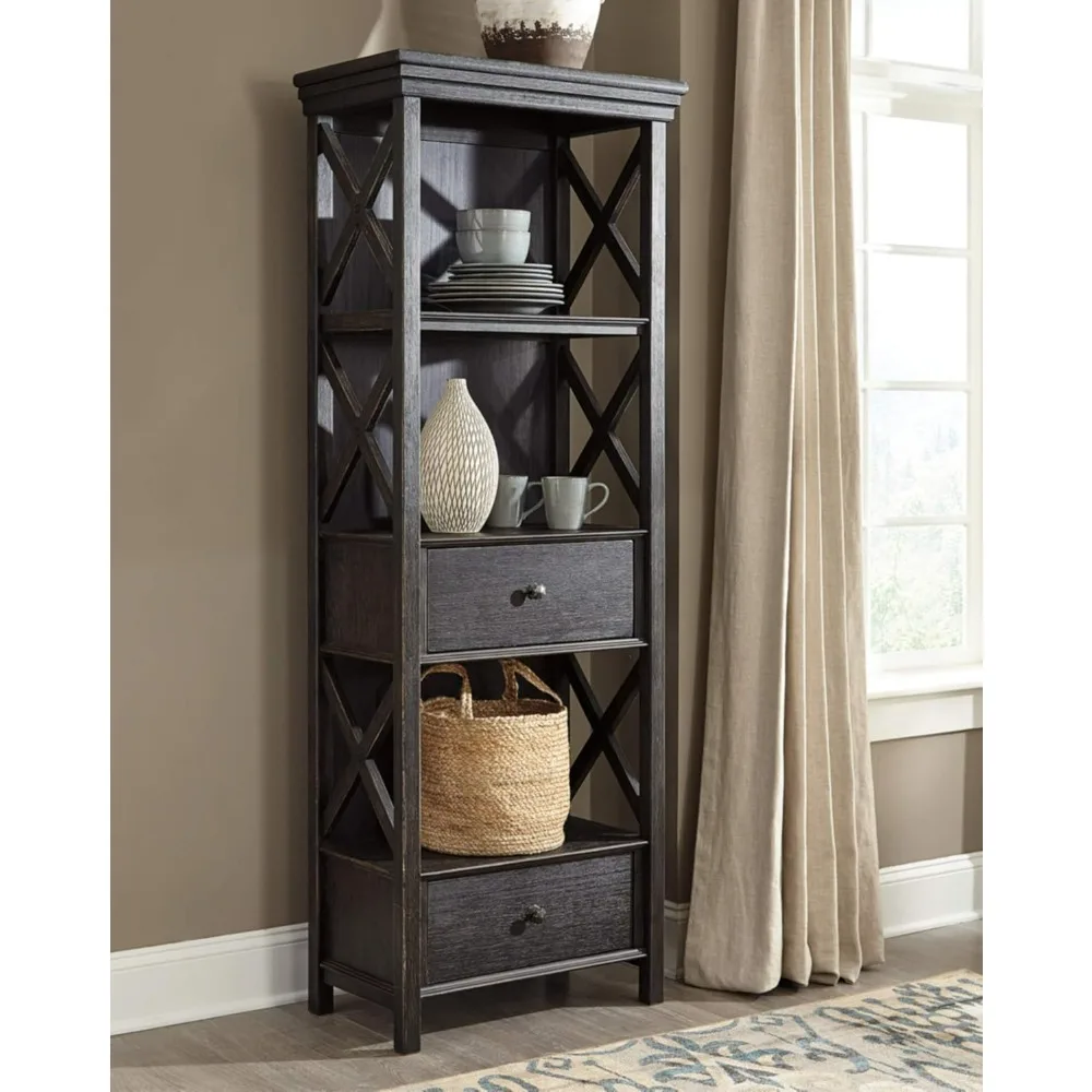 Tyler Creek Farmhouse Display Cabinet, Estante com gavetas, muito preto, 75 polegadas