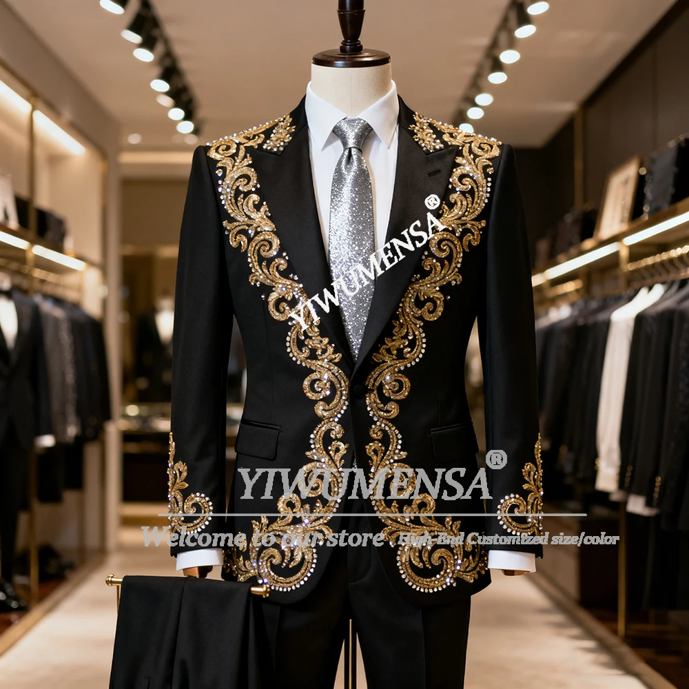 

Glittering Beads Crystals Suits Men 2 Piece Single Breasted Jacket Pants Customized Groom Wedding Tuxedos Outfits Costume Homme