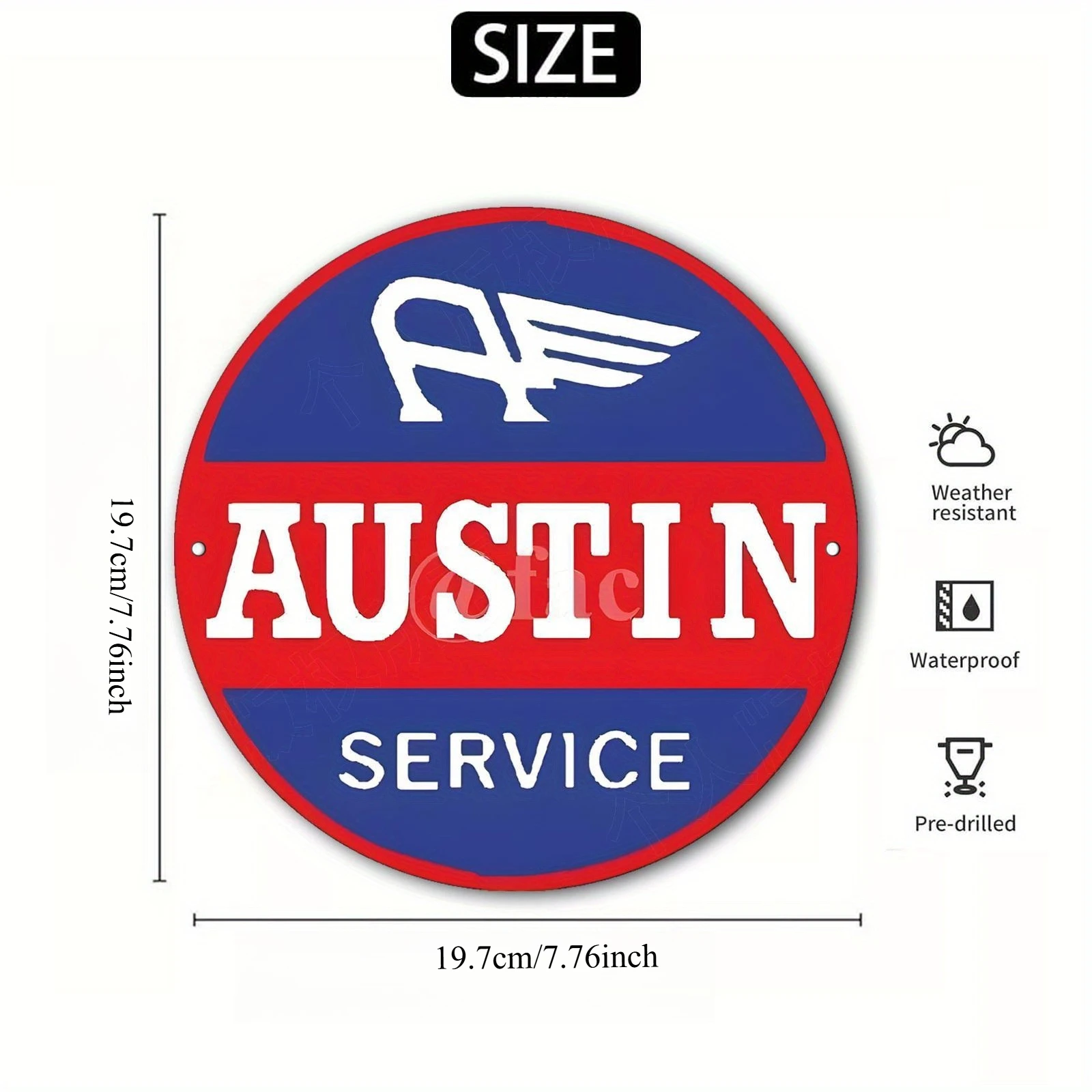 2D Flat, Vintage Austin Service Logo Round Metal Wall Sign - Blue & Red Retro Aluminum Plaque