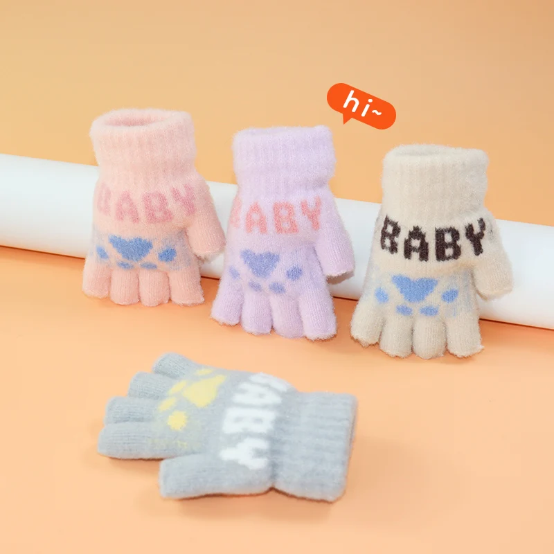 5-10 Year Old Boys and Girls with Plush and Thickened Student Half-Finger Cute Warm Five-Finger Cartoon Winter Gloves