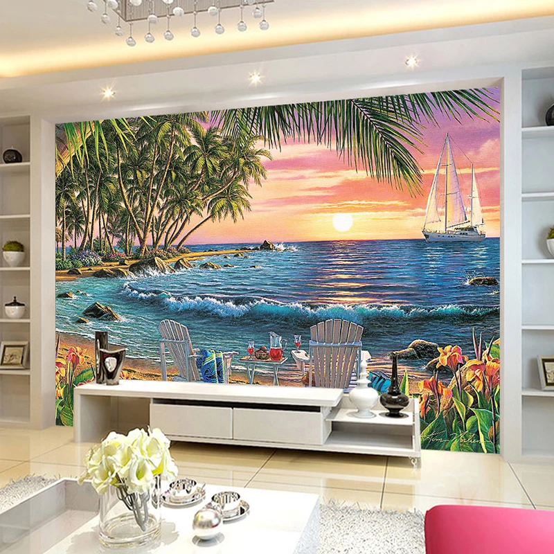 Customized Mural Wallpaper Modern 3D Seaside beach Landscape Oil Painting Living room sofa TV background wall bedroom restaurant