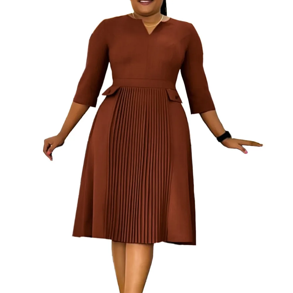 Women's Long Dress Solid Color Plus Size Fashionable Pleated Seven Quarter Sleeve Women's Dress Office Ladies Long Bodycon Dress