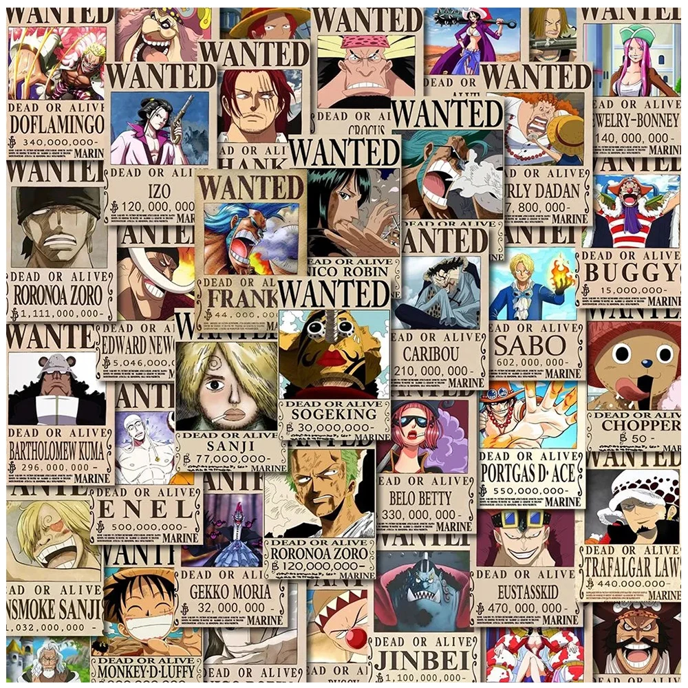 10/30/56PCS Small Anime One Piece Wanted Posters Stickers Cool Cartoon Decal Laptop Diary Phone Decoration Wall Graffiti Sticker
