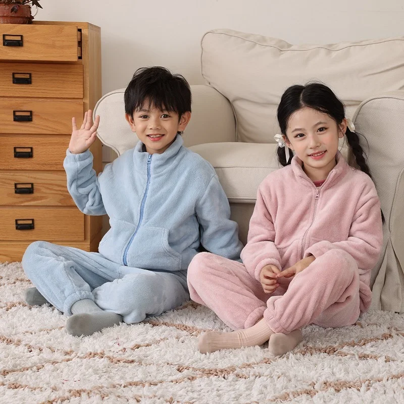 

3-18 Years Kids Girls Boys Autumn Winter Flannel Polyester Pyjamas Nightwear Thermal Warm Sleepwear Pajamas Sets Home Wear