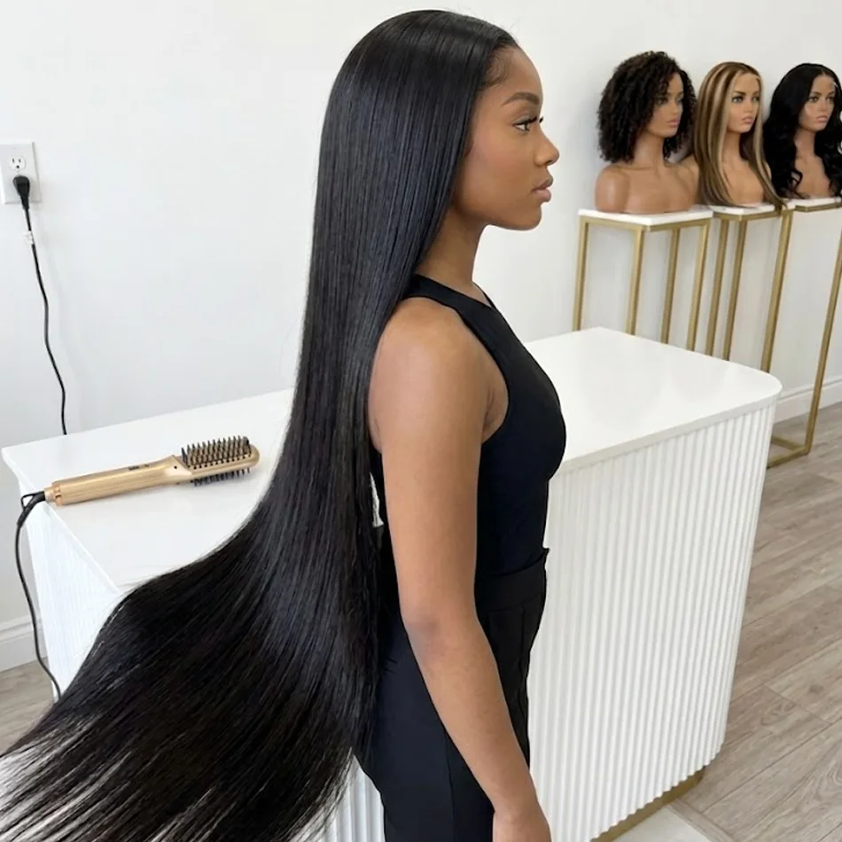 

Premium 40 Inch Extra Long 250% Density Natural Black 13x4 HD Lace Frontal Bone Straight Silky Smooth 13x6 Remy Human Hair Wigs Pre Plucked Hairline Invisible Bleached Knots Wear and Go 5x5 Glueless Closure Thick Full Ends