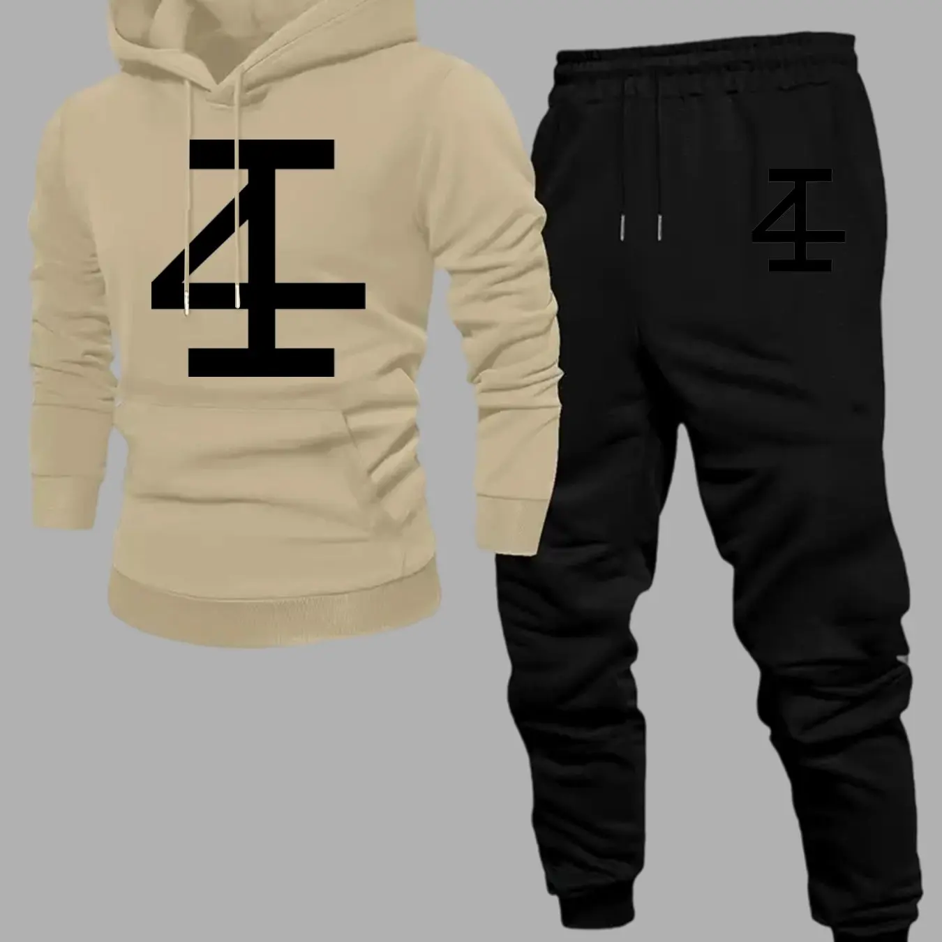 Men Abstract Number 4 Hoodie Jogger Set Bold Geometric Symbol Print Sweatshirt Cuffed Sweatpants Trendy Street Two‑Piece Suit
