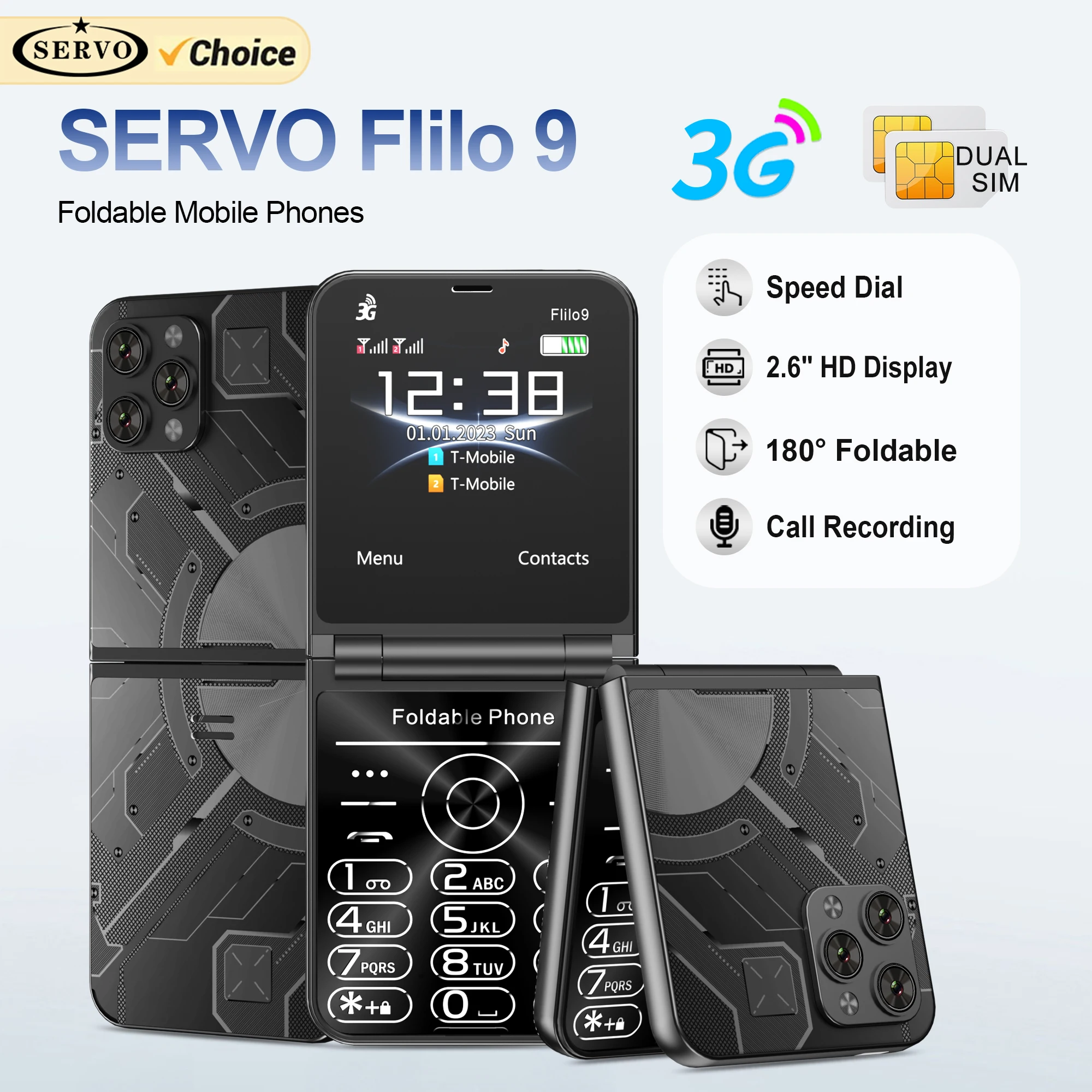 SERVO 3G 접이식 휴대폰 – 듀얼 SIM, 속도 다이얼 블랙리스트, FM 라디오, 자동 통화 녹음, 2.6인치 화면