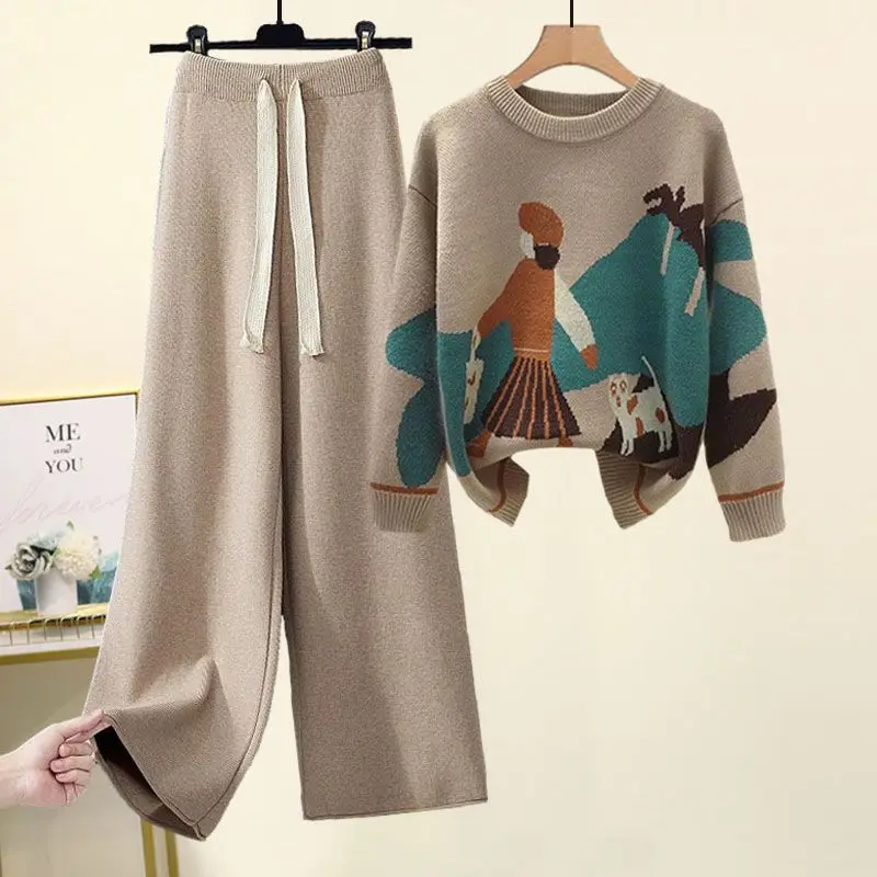 Autumn and Winter Set Women's New Lazy Style Sweater Western-style Age Reducing Slimming and Wide Leg Pants Two-piece Set