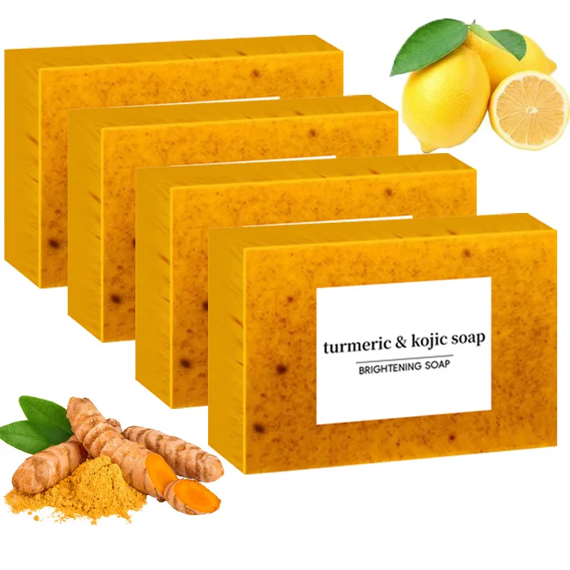 1/4 Pieces 100g Turmeric Lemon Soap Ginger Kojic Acid Handmade Soap Skin Brightening Exfoliating Bath Bar for Glowing Skin