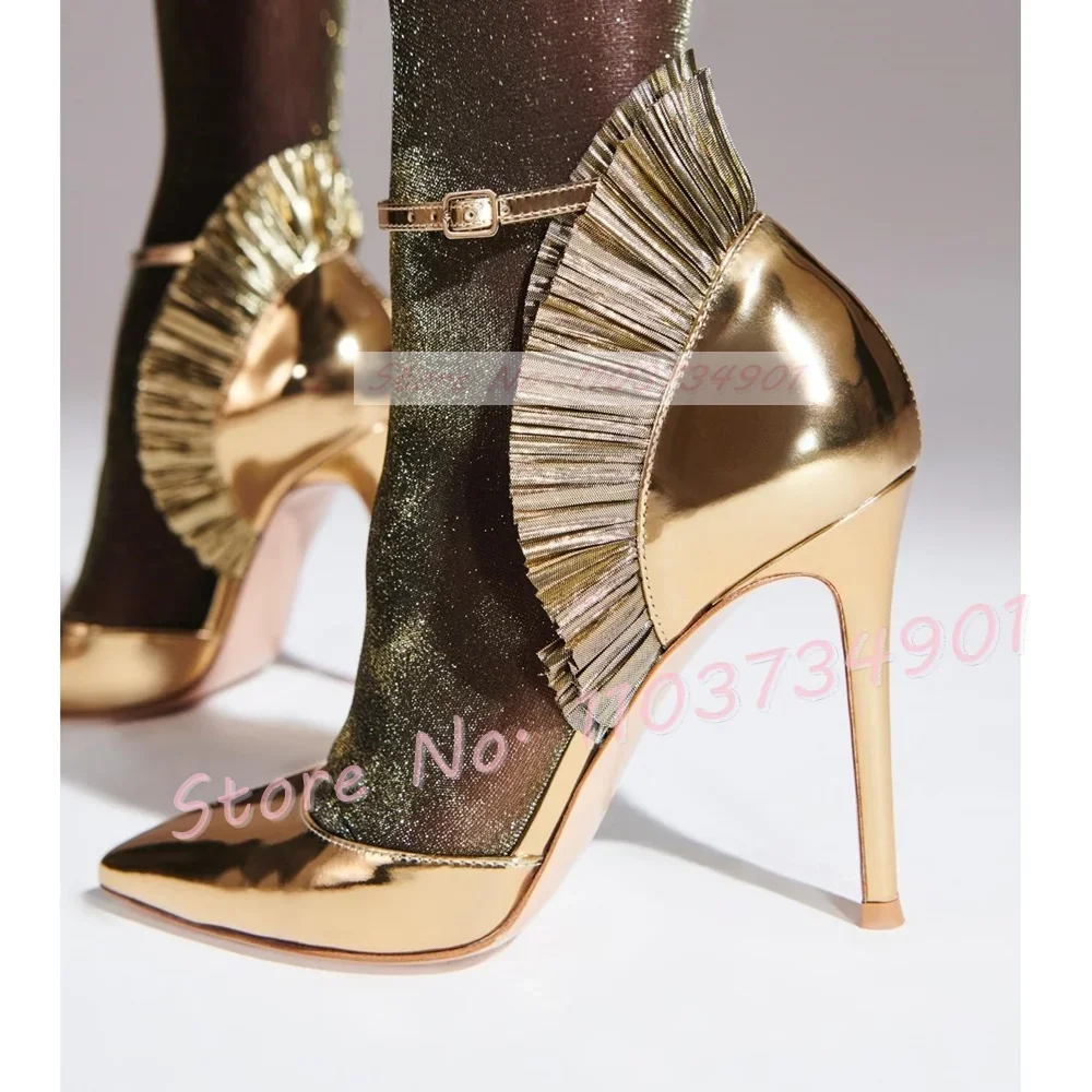 Ruffled Metallic Gold Pumps Women Luxury Chic Pointed Toe High Heels Party Shoes Female Summer Ankle Strap Cover Heel Sexy Shoes