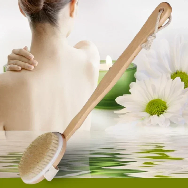 Long Handle Bristle Bath Back Brush Wet Dry Skin Body Exfoliating Scrubbers Natural Wooden Soft Brush Back Massage Shower Supply