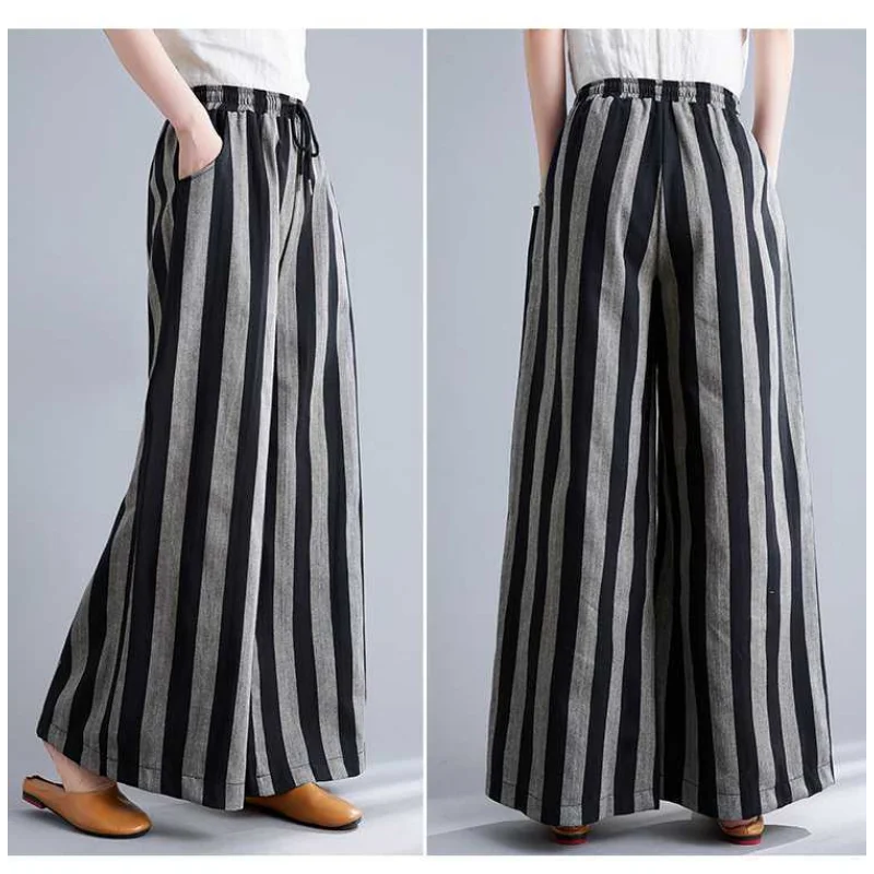 봄과 가을에 여성용 복고풍 문학적 캐주얼 면과 린넨 줄무늬 와이드 팬츠 새로운 캐주얼 바지