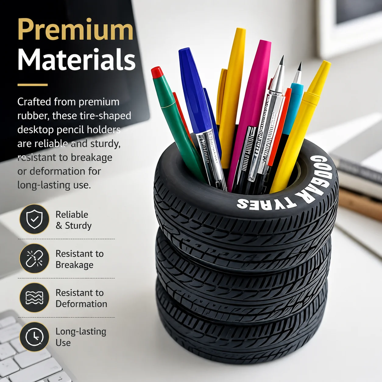 Durable Fun Tire-Shaped Pen Holder PVC Desk Organizer Ideal for School and Office Supplies Painted Finish Office Supplies 1-3pcs