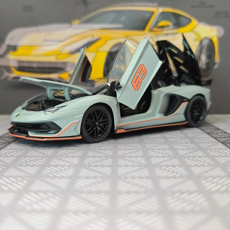 Modelo de coche de aleación Lamborghini SVJ63 a escala 1:32, puertas y capó del motor se pueden abrir, superdeportivo convertible.