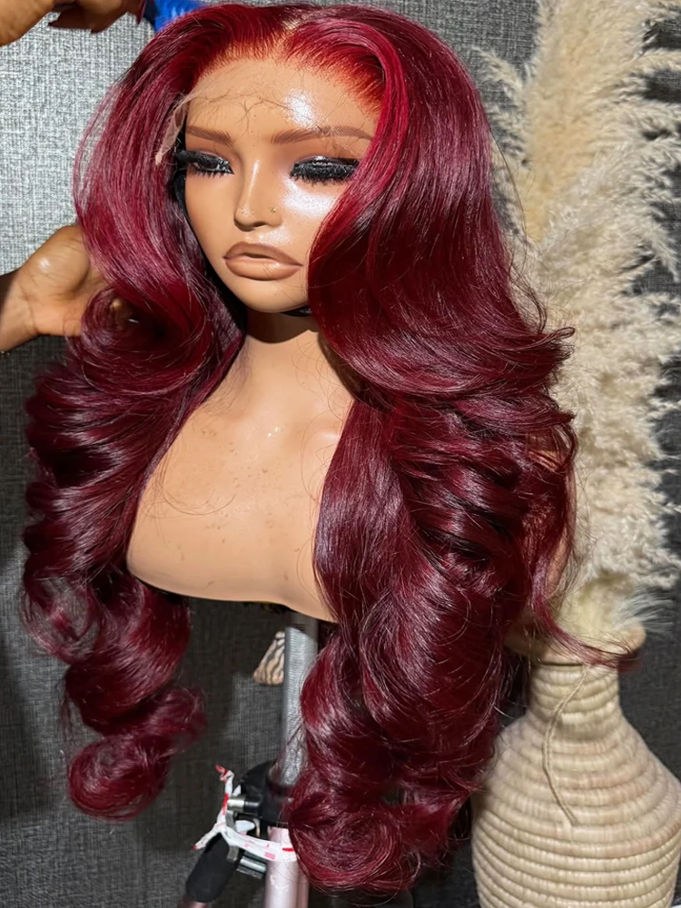 Wig Rambut Asli Peru Burgundy 99J Kepadatan 250% 13x4 HD Lace Front Body Wave Merah Tanpa Lem untuk Wanita 30 inci
