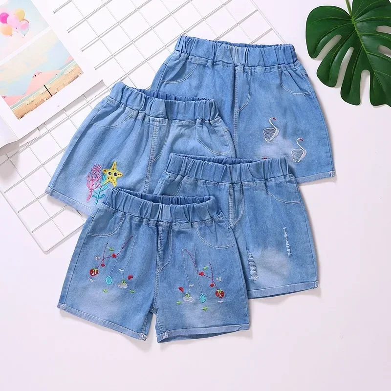 Girls Shorts Jeans Kids Eastic Band Short Pant 2024 Summer 2 To 12 Yrs Children\'s Clothing Teenagers Cartoon Embroidery Trousers