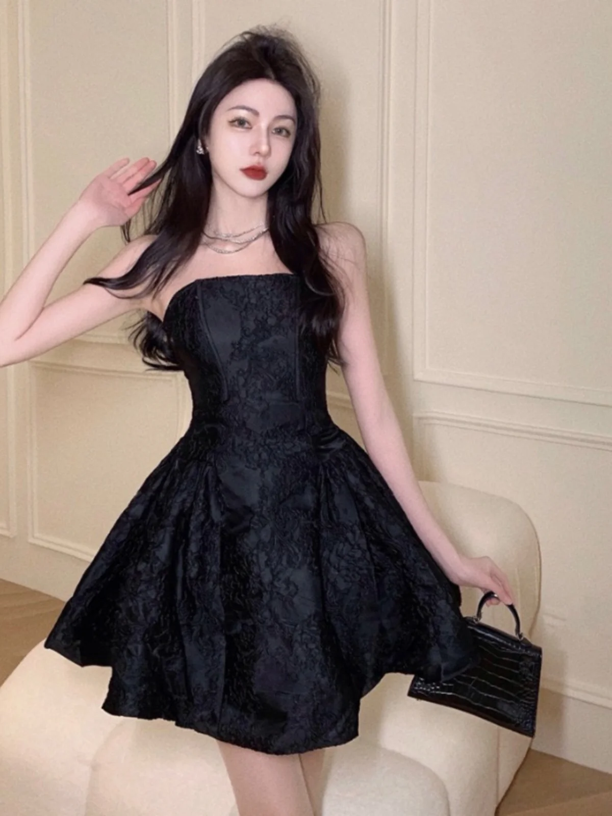 Hebe Sle Sexy ort Puffy Dr Women's Strapl Knee-high Knitted Gown Summer New Arrival Princ Cut A-line Dr