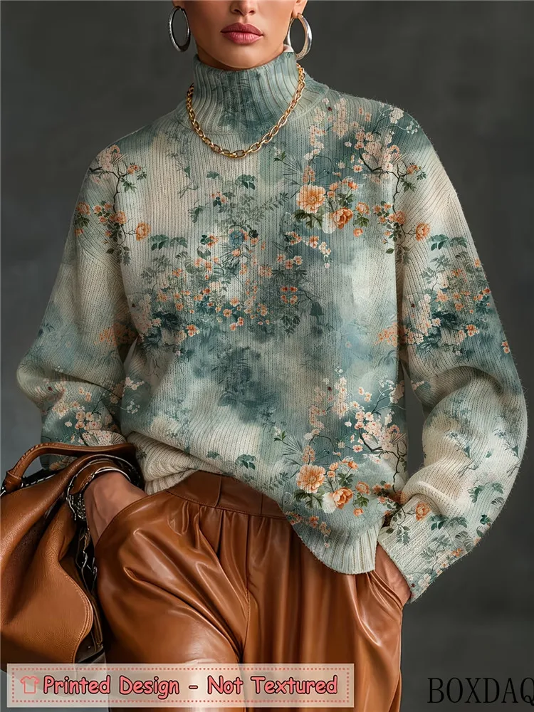 Women Autumn Winter Long Sleeve Turtleneck Loose Shirt Vintage Watercolor Big Floral Print Elegant Knit Daily Casual Blouse 2026