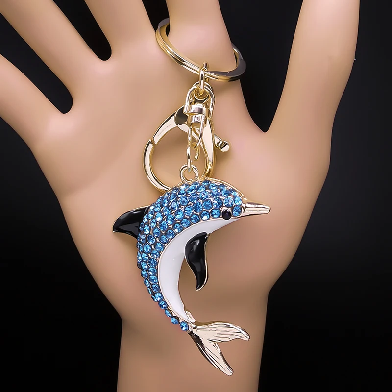 Lucky Dolphin Crystal Cute Animal Keychain Purse Bag Buckle HandBag Pendant for Car Trendy Keyring Holder Women Jewelry KXHK1315