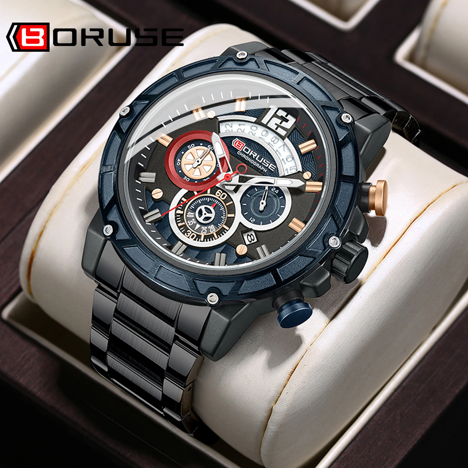 BORUSE Watch for Men Chronograph Waterproof Design Stainless Steel Back Gold Watches Male Luxury Business Watch