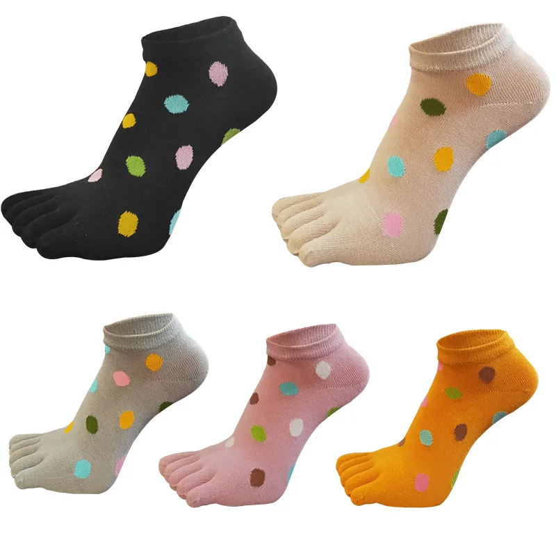 5 Pairs Young Woman Five Fingers Ankle Toe Socks Cotton Korean Style Colorful Polka Dots Casual Short Socks with Toes Fashions