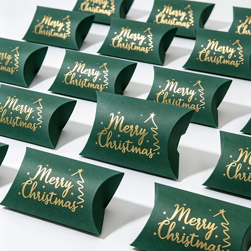 10pcs Gift Packaging Boxes, Golden Foil Pillow Boxes, Merry Christmas Gift Boxes, Small Gift Wrapping Boxes for Christmas Eve