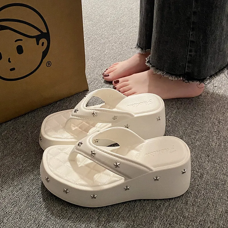 6cm Height Increasing Platform Thong Sandals For Women Star Studded Chunky Sole Outdoor Beach Slippers Y2K Summer Flip Flops view 2