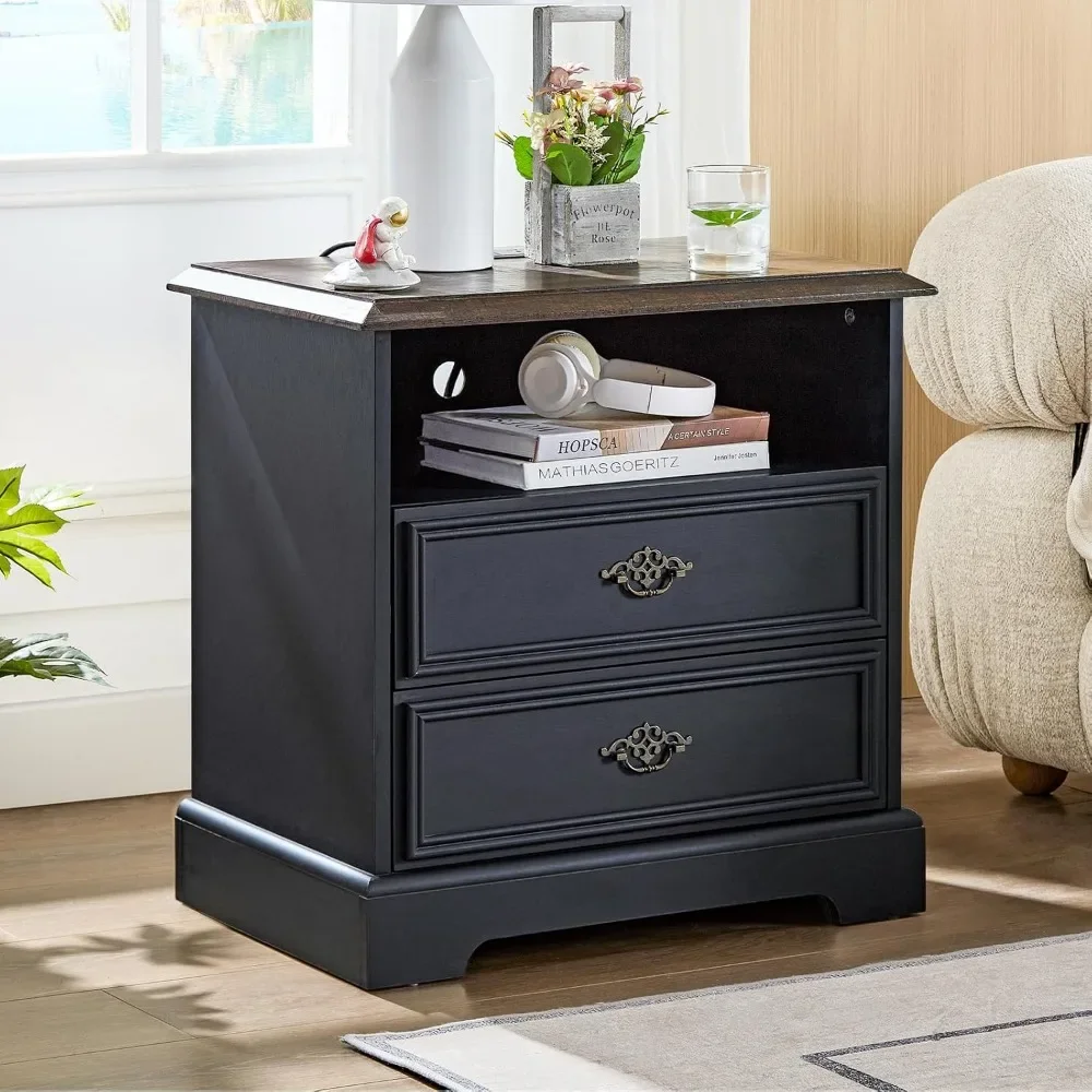 Farmhouse Nightstand com estação de carregamento, mesa final com 2 gavetas, mesa lateral de armazenamento, armário de cabeceira para quarto, 24 em