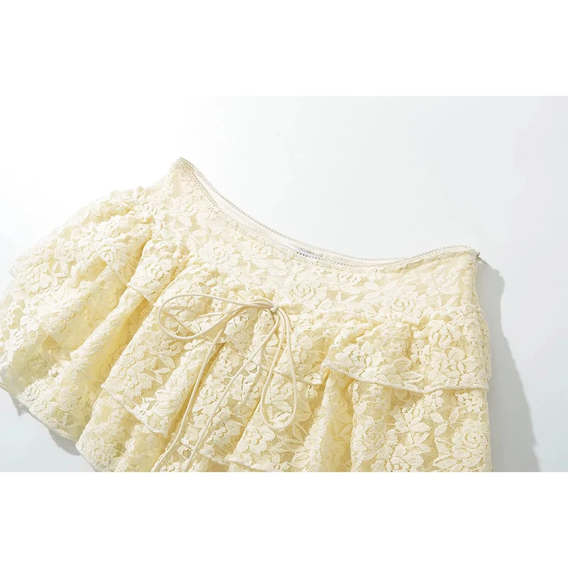 YENKYE 2015 Women Yellow Black Y2K Lace Mini Skirt Sexy Low Waist Side Zipper A-line  Layered Summer Skirts With Short Lining