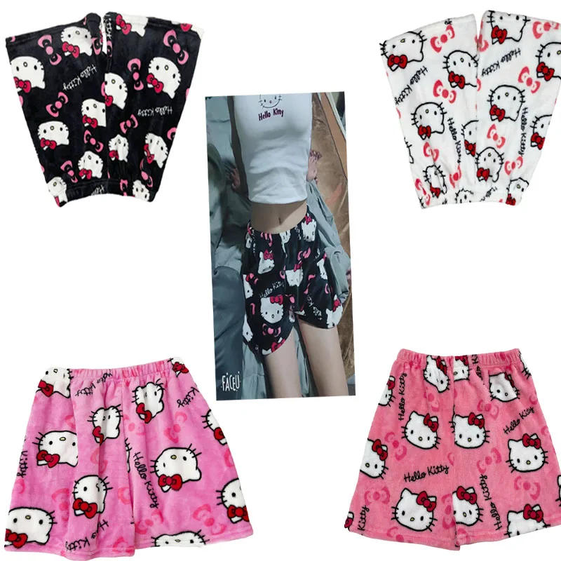 Sanrio Hello Kitty Pajamas Pants Black Pink Anime Flannel Women Warm Woolen White Cartoon Casual Home Pant Autumn Grils Trousers