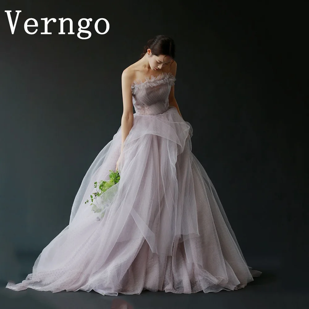 

Verngo Purple Tulle Wedding Party Dress Strapless A Line Formal Prom Gown Simple Lace Up Show Gowns Korea Graduation Dress