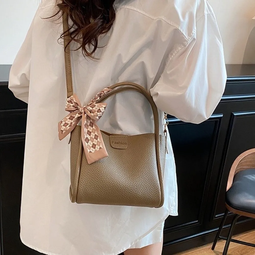 

Retro Minimalist Pu Leather Bucket Bag Versatile with Ribbon Crossbody Bag Korean Style Solid Color Women 's Handbag Travel