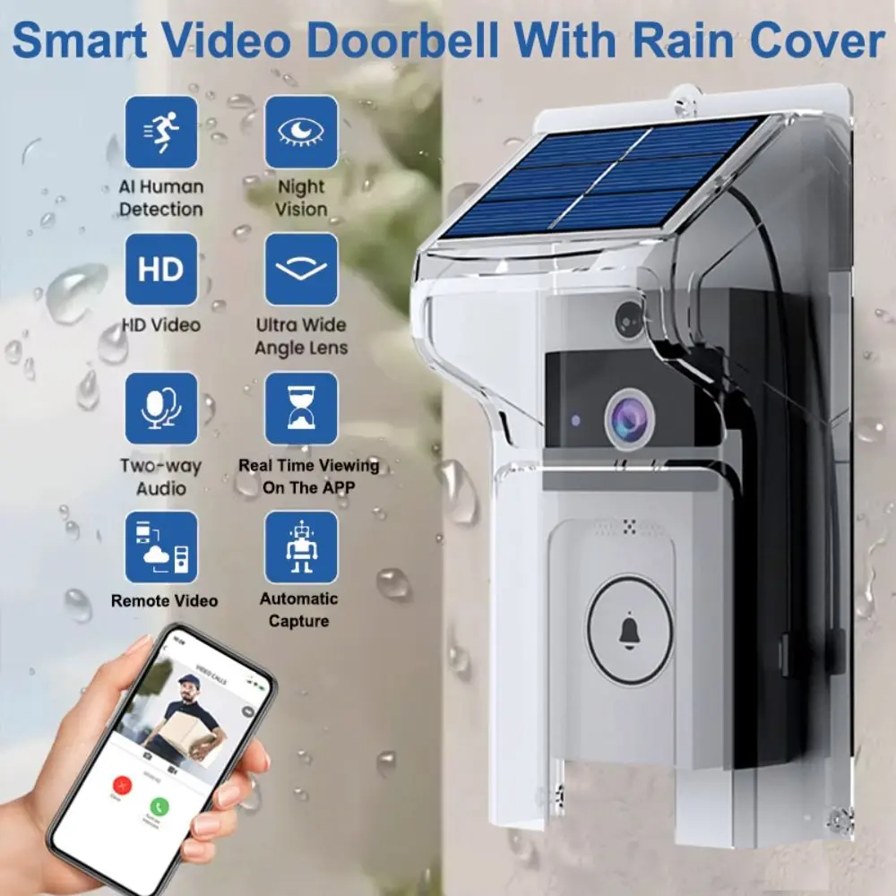 

Водонепроницаемый визуальный домофон, дверной звонок, беспроводная камера для входной двери на солнечной энергии, домашняя безопасность с защитной крышкой, видеодверной звонок