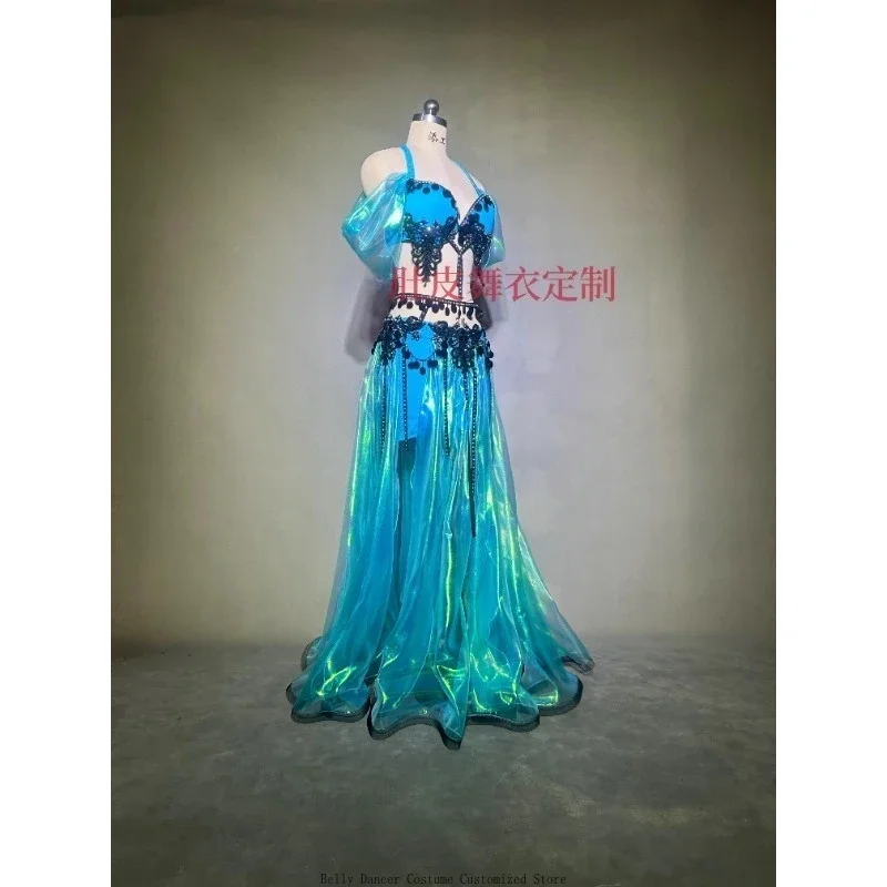 Customized Belly Dance Costumes Performance Dress Ocean Fantasy Blue Set Team Performance Match Dress Bra Belt Long Skirt Suit