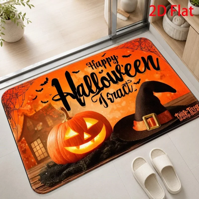 Pumpkin Witch Hat Happy Halloween Printed Entry‑way Doormat, Scary Holiday‑style Floor Rug, Decorative Household Mat