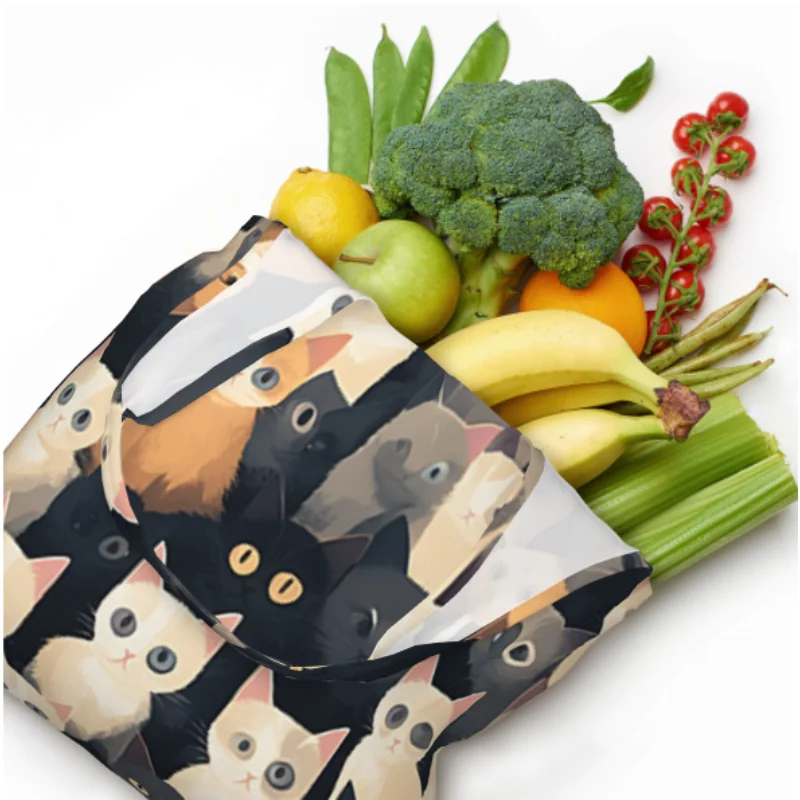 لطيف القطط البقالة حقيبة تسوق قماش المتسوق حمل حقيبة الكتف سعة حقيبة يد محمولة #2