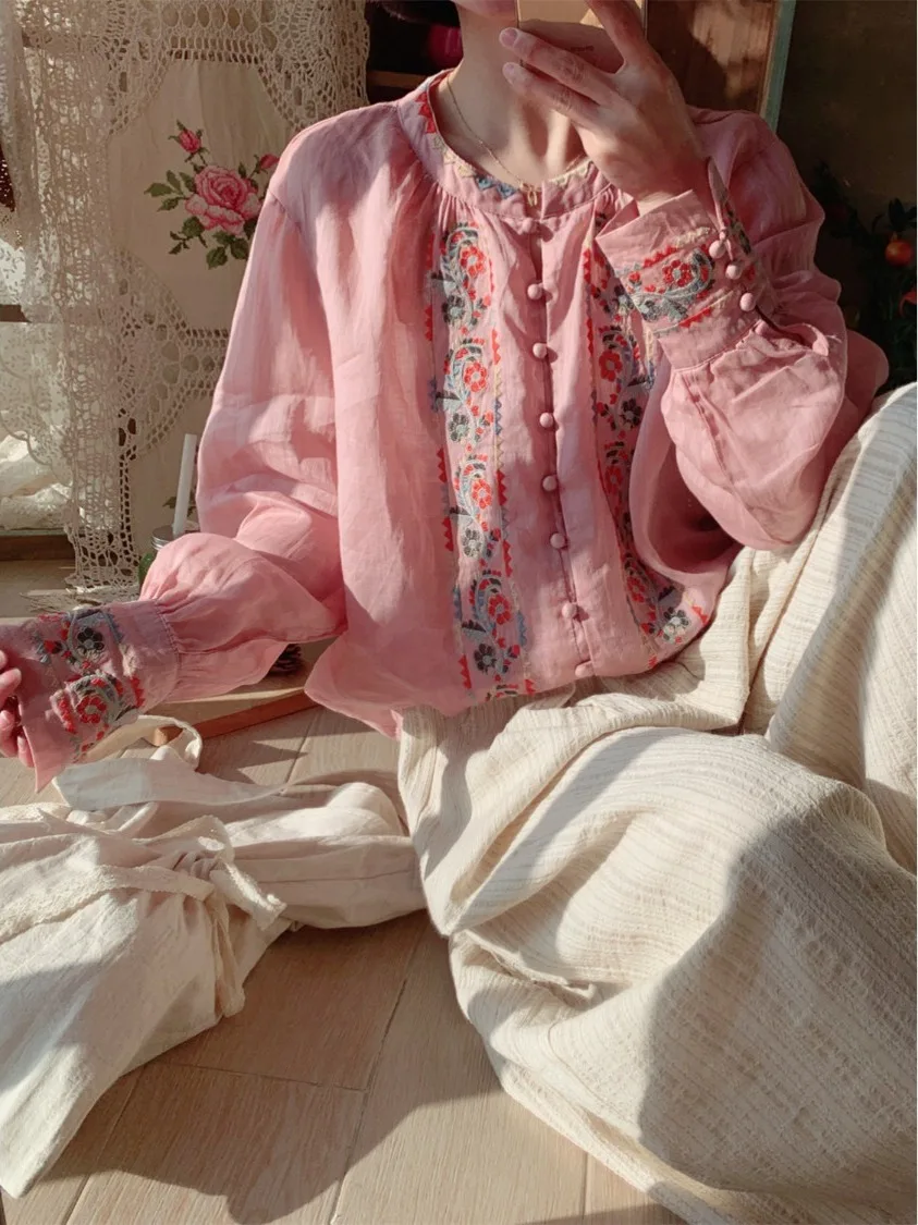 

Retro Sle Embroidered Cotton Linen irt Long Sve Lantern Sve Ele Aosphere Outlet Spring Season Women's irt